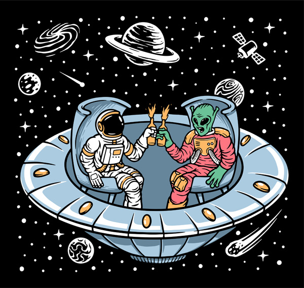 Comiczeichnung: Außerirdischer und Astronaut © gunaonedesign/AdobeStock