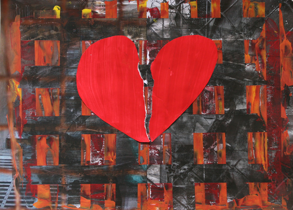 Zerbrochenes Herz (übermalte Foto-Collage) © joe simson / entstanden im Kunstprojekt STABIL der JVA Hahnöfersand in Koop.mit dem JIZ Hamburg