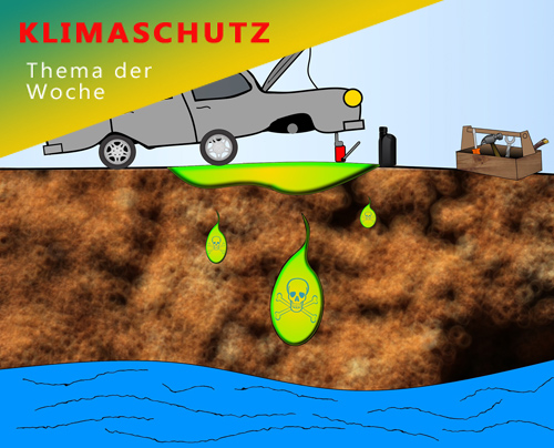 Zeichnung. Ein Auto verliert Öl, dass dann ins Grundwasser versickert. © pixabay / Conmongt; Ecke zur Themenwoche: JIZ HH