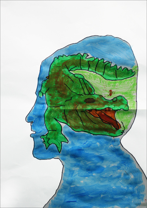 blauer Kopf mit Krokodil © Uwe/entstanden im Kunstprojekt STABIL des JIZ Hamburg