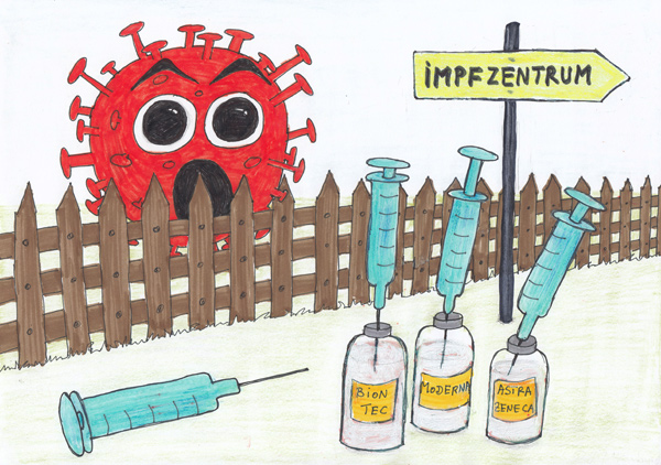 Zeichnung: Virus hinterm Zaum, Spritzen, Impfzentrum © Jugendinformationszentrum Hamburg (JIZ)