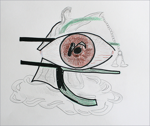 Auge und Justitia (Buntstift-Zeichnung) © St. Troipez / entstanden im Kunstprojekt STABIL der JVA Hahnöfersand in Koop. mit dem JIZ Hamburg
