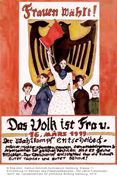 Das Volk ist Frau. - Plakat zu 100 Jahre Frauenwahlrecht © Eda Akin, Helmut-Schmidt-Gymnasium Hamburg, Klasse 11